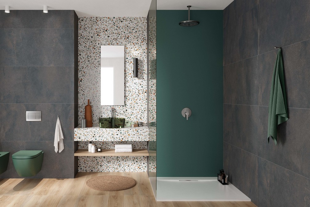 CONCRETE IRON 60X120 + PLAY DROPS MULTIWHITE 20X20 + WIDE&STYLE RAINBOW BOSCO 120X270 + ECO-CHIC NATURALE 20X120